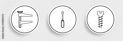 Set line Metallic screw, Clamp tool and Screwdriver icon. Vector