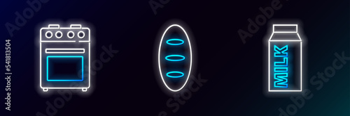 Set line Paper package for milk, Oven and Bread loaf icon. Glowing neon. Vector