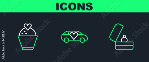 Set line Wedding rings, cake with heart and Limousine car icon. Vector