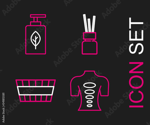 Set line Massage stone therapy  Sauna bucket  Aroma diffuser and Essential oil bottle icon. Vector