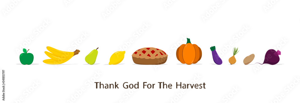 Thanksgiving for the harvest. A set of different fruits and vegetables and a cherry pie in the center.