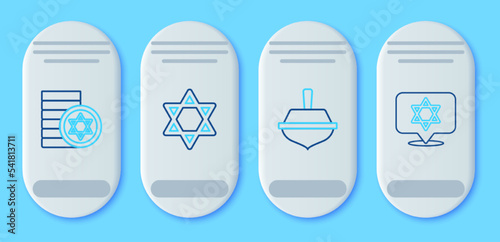 Set line Star of David, Hanukkah dreidel, Jewish coin and icon. Vector