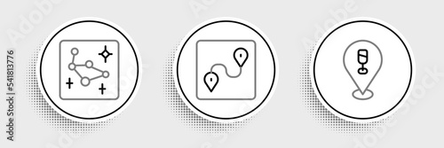 Set line Alcohol or beer bar location, Great Bear constellation and Route icon. Vector