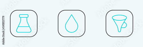 Set line Funnel or filter, Test tube and flask and Water drop icon. Vector