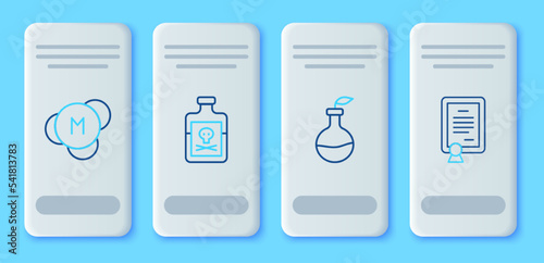 Set line Poison in bottle, Plant breeding, Molecule and Certificate template icon. Vector
