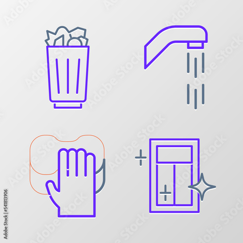 Set line Cleaning service for window, Shower head and Full trash can icon. Vector