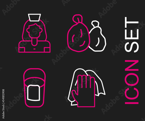 Set line Cleaning service, Bucket with rag, Garbage bag and lady icon. Vector