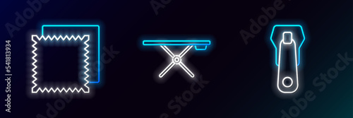 Set line Zipper, Textile fabric roll and Ironing board icon. Glowing neon. Vector