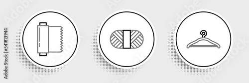 Set line Hanger wardrobe, Textile fabric roll and Sewing thread on spool icon. Vector