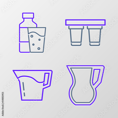 Set line Jug glass with water, Water filter and Bottle of icon. Vector