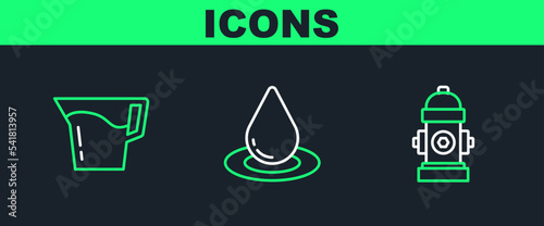 Set line Fire hydrant, Jug glass with water and Water drop icon. Vector