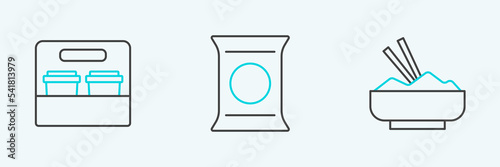 Set line Rice in a bowl with chopstick, Coffee cup to go and Bag or packet potato chips icon. Vector