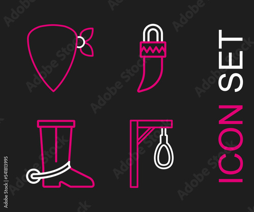 Set line Gallows, Cowboy boot, Tooth and bandana icon. Vector