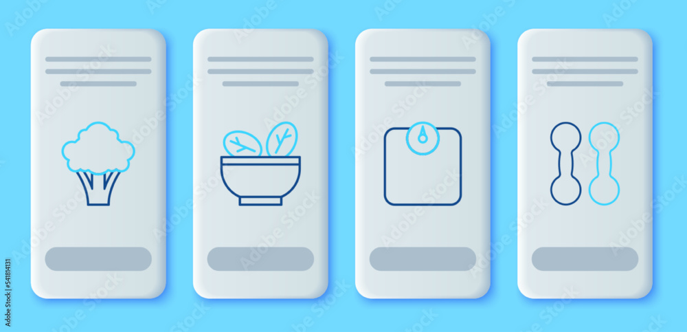 Set line Salad in bowl, Bathroom scales, Broccoli and Dumbbell icon. Vector