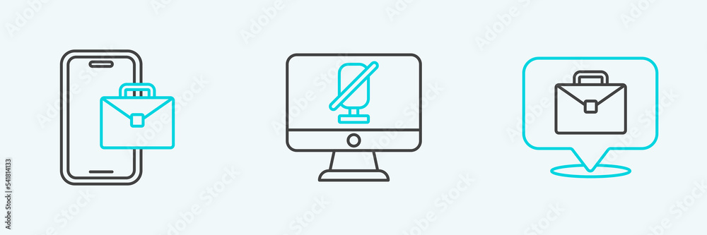Set line Online working, Freelancer and Mute microphone on computer icon. Vector Set line Online working, Freelancer and Mute microphone on computer icon. Vector