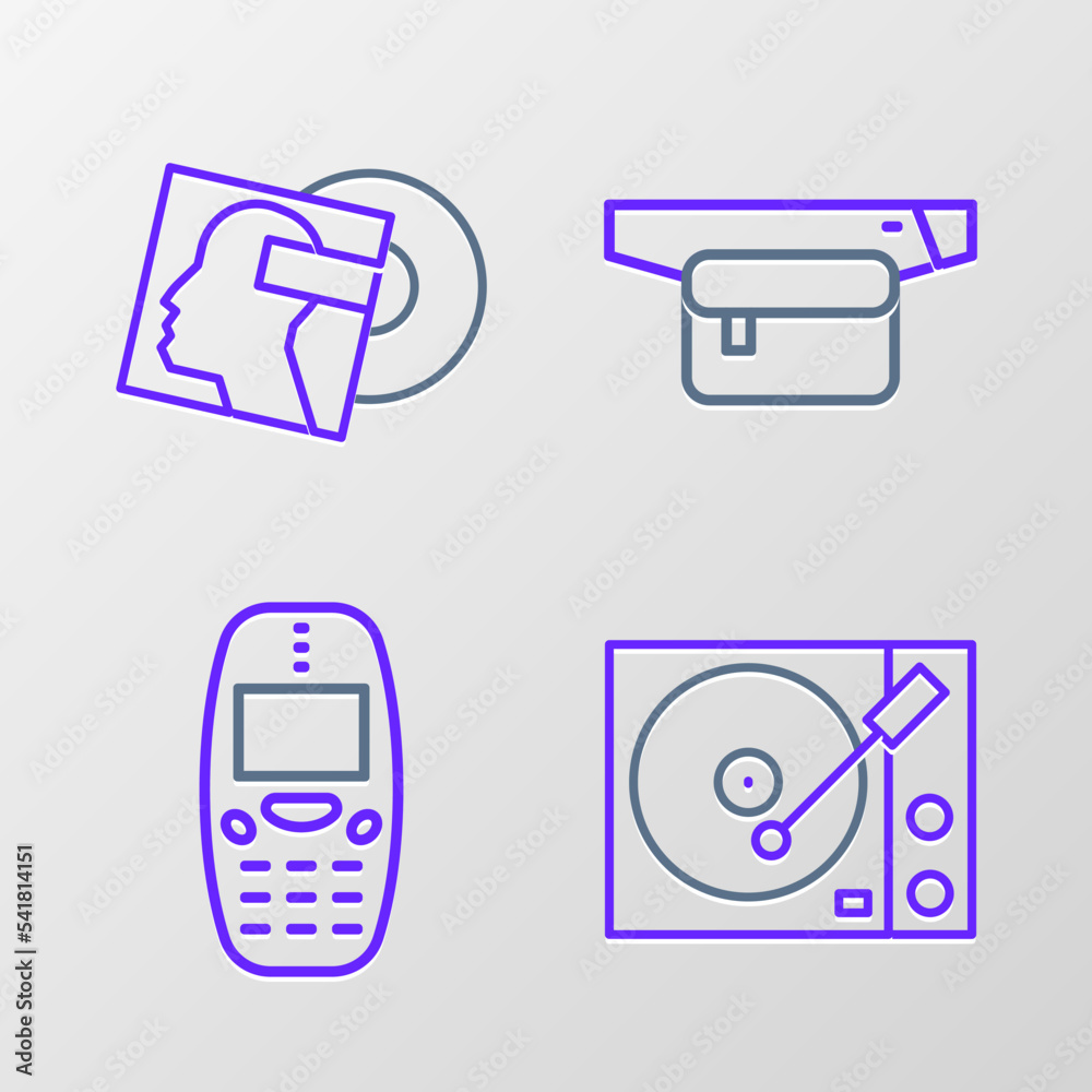 Set line Vinyl player, Old mobile phone, Waist bag of banana and disk icon. Vector Set line Vinyl player, Old mobile phone, Waist bag of banana and disk icon. Vector