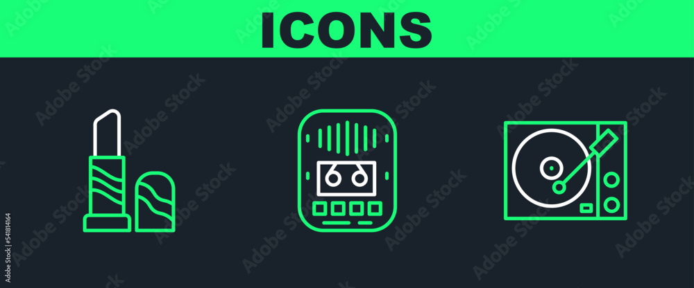 Set line Vinyl player, Lipstick and Cassette tape icon. Vector Set line Vinyl player, Lipstick and Cassette tape icon. Vector