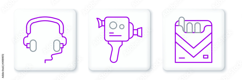 Set line Cigarettes pack box, Headphones and Retro cinema camera icon. Vector Set line Cigarettes pack box, Headphones and Retro cinema camera icon. Vector
