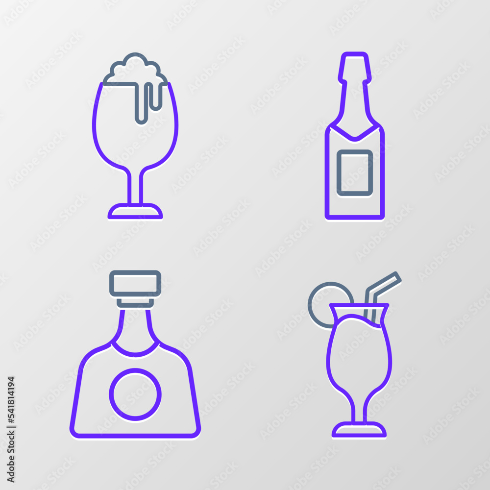 Set line Cocktail, Tequila bottle, Champagne and Glass of beer icon. Vector
