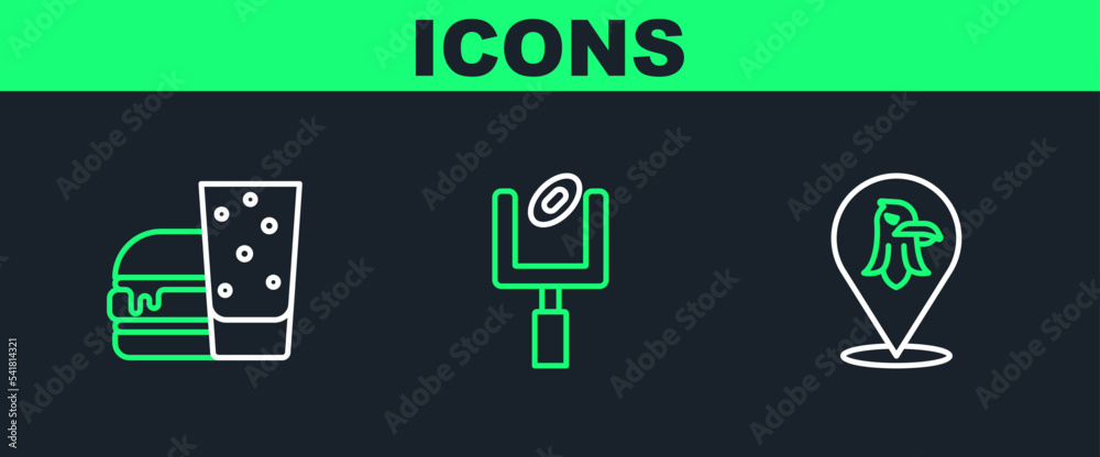 Set line Eagle, Burger and American football goal post icon. Vector Set line Eagle, Burger and American football goal post icon. Vector