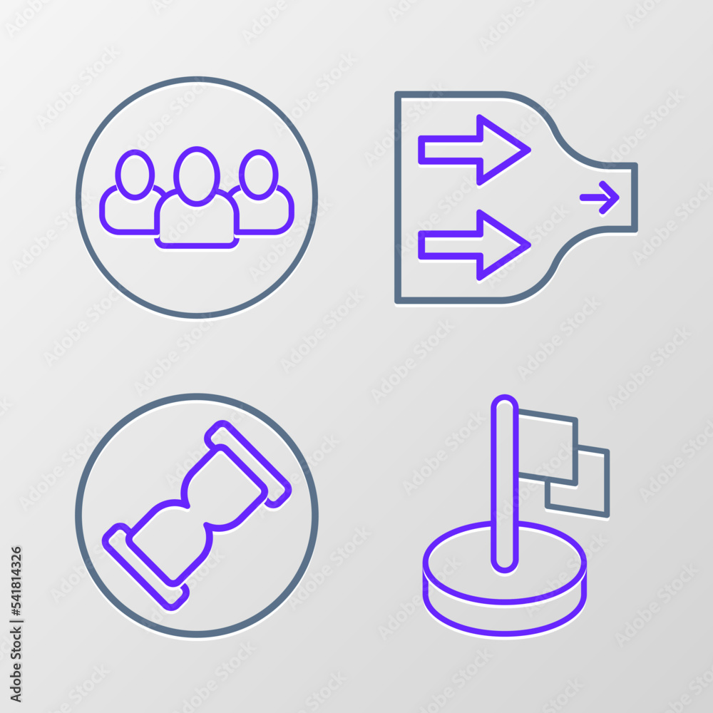 Set line Flag, Old hourglass with sand, Arrow and Project team base icon. Vector Set line Flag, Old hourglass with sand, Arrow and Project team base icon. Vector