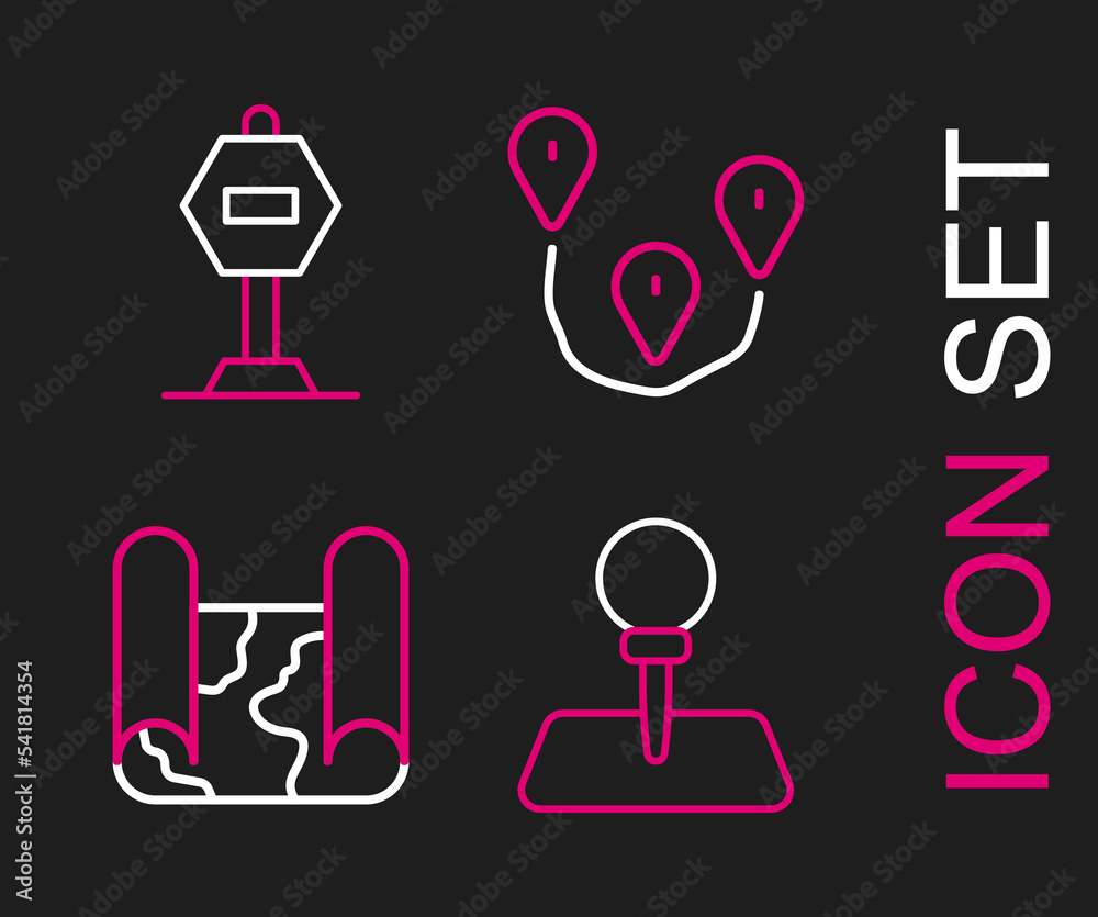 Set line Push pin, Folded map, Route location and Stop sign icon. Vector Set line Push pin, Folded map, Route location and Stop sign icon. Vector