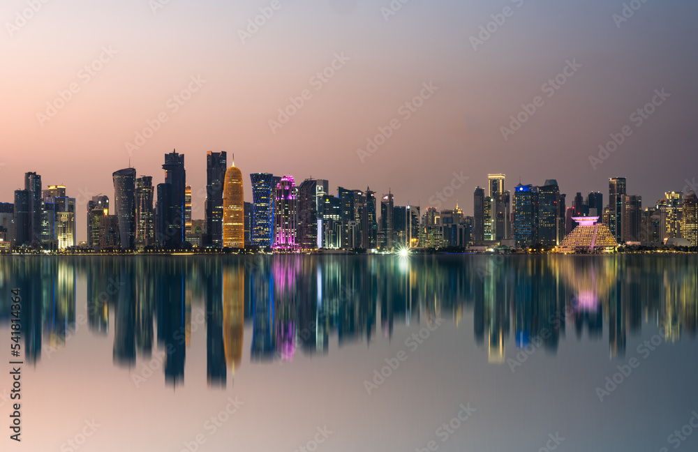 Panorama shot of Doha city after sunset, Doha, Qatar