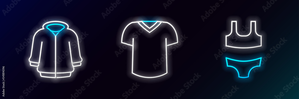Set line Swimsuit, Hoodie and T-shirt icon. Glowing neon. Vector Set line Swimsuit, Hoodie and T-shirt icon. Glowing neon. Vector