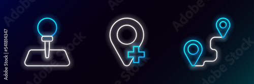 Set line Route location, Push pin and Location icon. Glowing neon. Vector