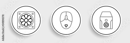 Set line Uninterruptible power supply, Computer cooler and mouse icon. Vector