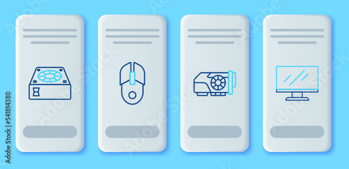 Set line Computer mouse, Video graphic card, cooler and monitor screen icon. Vector