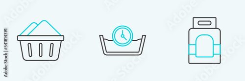 Set line Laundry detergent, Basin with soap suds and Time wash icon. Vector