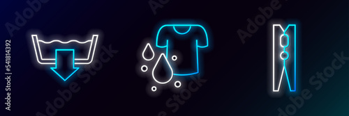 Set line Clothes pin, Washing modes and Dirty t-shirt icon. Glowing neon. Vector