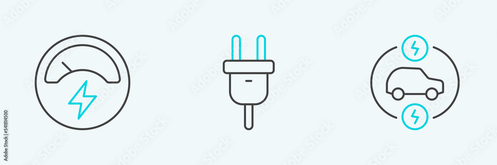 Set line Electric car, Voltmeter and plug icon. Vector Set line Electric car, Voltmeter and plug icon. Vector