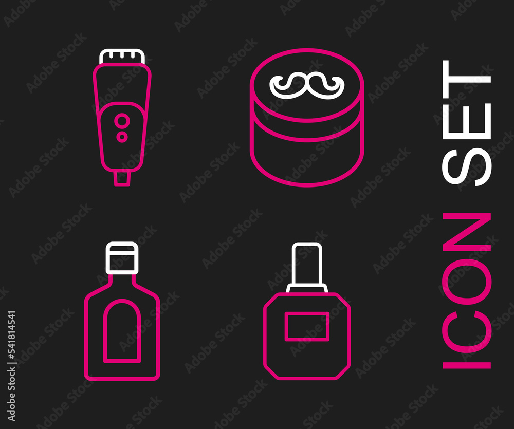 Set line Aftershave, Bottle of shampoo, Gel or wax for hair styling and Electric razor blade icon. Vector