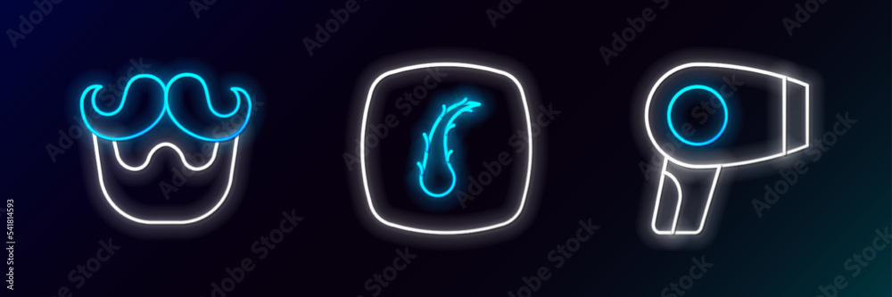 Set line Hair dryer, Mustache and beard and Human hair follicle icon. Glowing neon. Vector Set line Hair dryer, Mustache and beard and Human hair follicle icon. Glowing neon. Vector