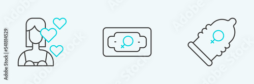 Set line Condom, Love yourself and Money growth woman icon. Vector