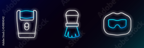 Set line Mustache and beard, Electric razor blade and Shaving brush icon. Glowing neon. Vector