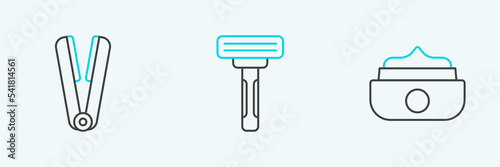 Set line Gel or wax for hair styling, Curling iron and Shaving razor icon. Vector