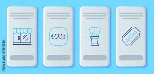 Set line Barbershop, Shaving brush, building and Blade razor icon. Vector
