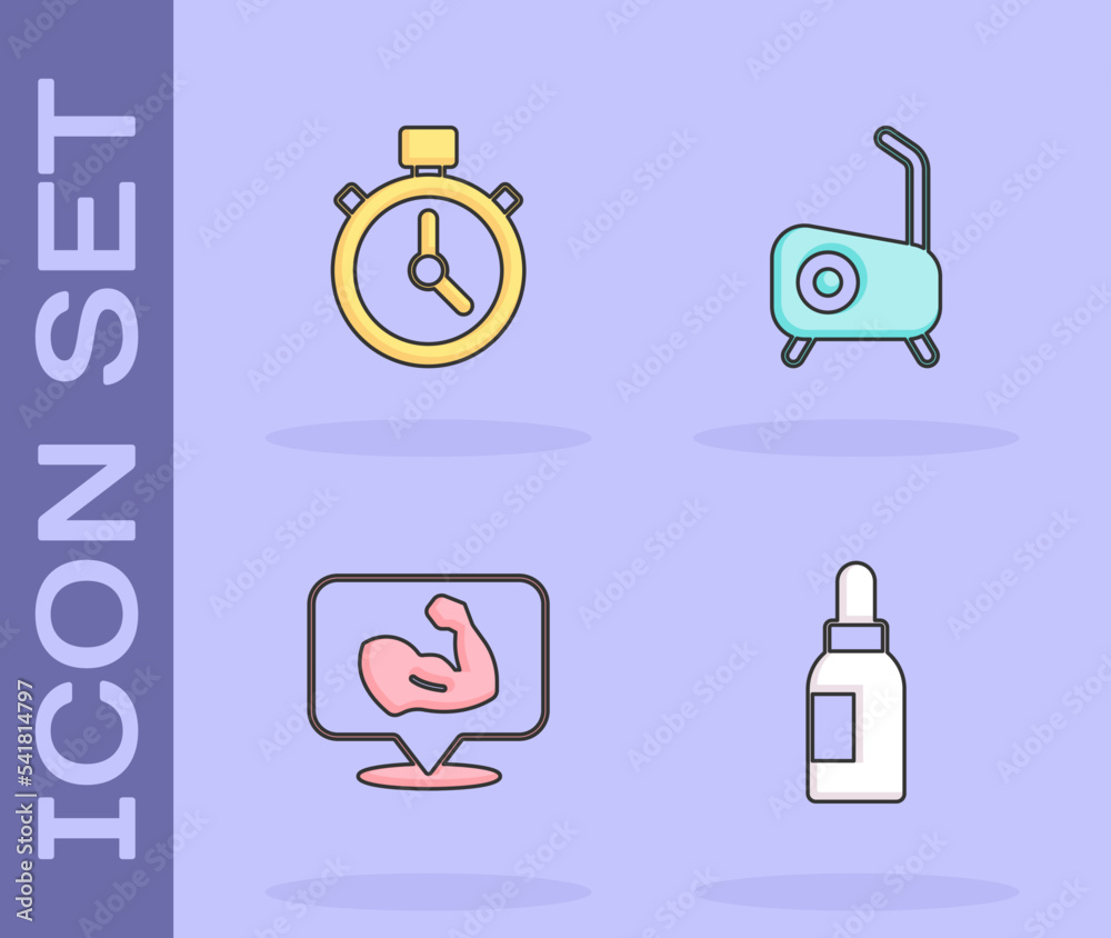 Set Essential oil bottle, Stopwatch, Bodybuilder muscle and Stationary bicycle icon. Vector Set Essential oil bottle, Stopwatch, Bodybuilder muscle and Stationary bicycle icon. Vector
