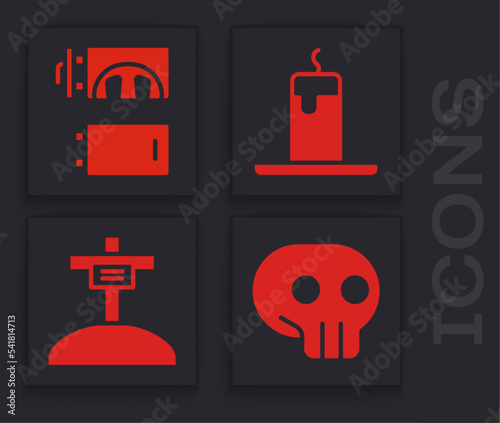Set Skull, Crematorium, Burning candle and Grave with cross icon. Vector