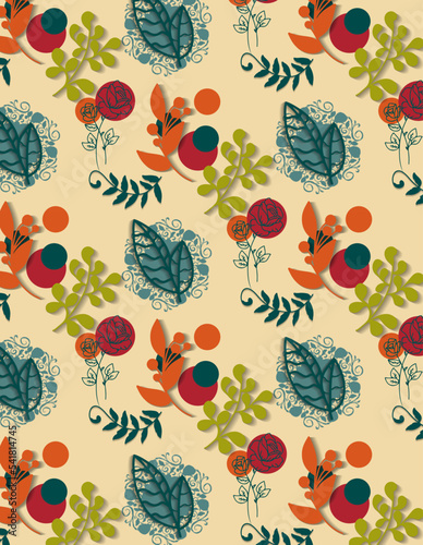 Seamless abstract pattern with flowers and plants on the beige background.