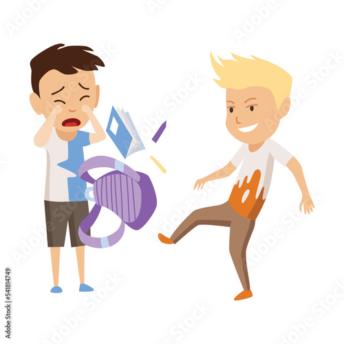 Kids bullying. Childish bullies or verbal and physical conflict between children. Bad child behavior, scared and strong angry children conflict, cartoon characters confrontation