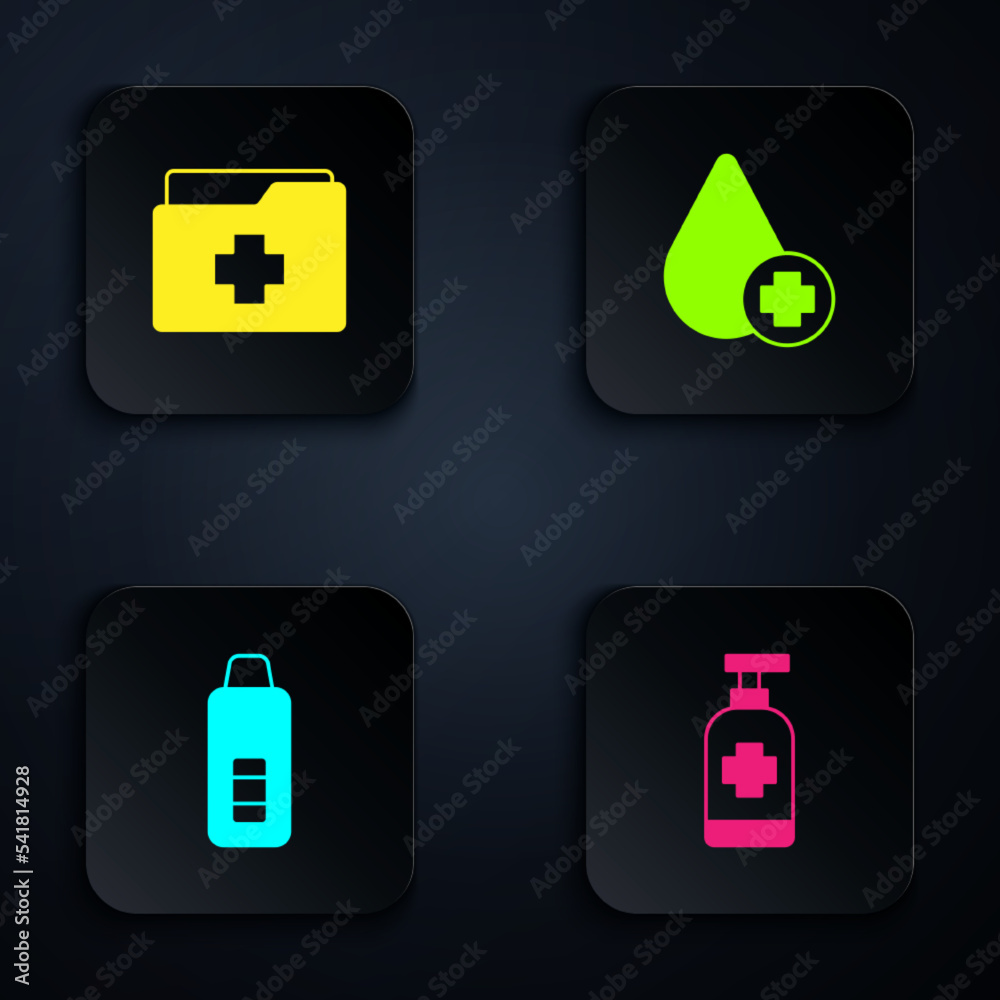 Set Antibacterial soap, Patient record, Digital thermometer and Donate drop blood. Black square button. Vector Set Antibacterial soap, Patient record, Digital thermometer and Donate drop blood. Black square button. Vector