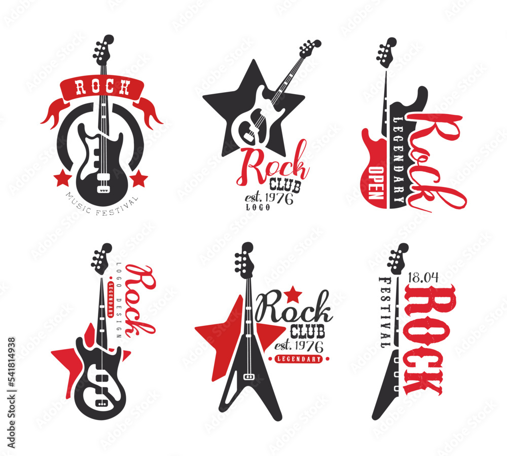 Hard Rock Club Logo and Emblems with Electric Guitar Vector Set Stock ...