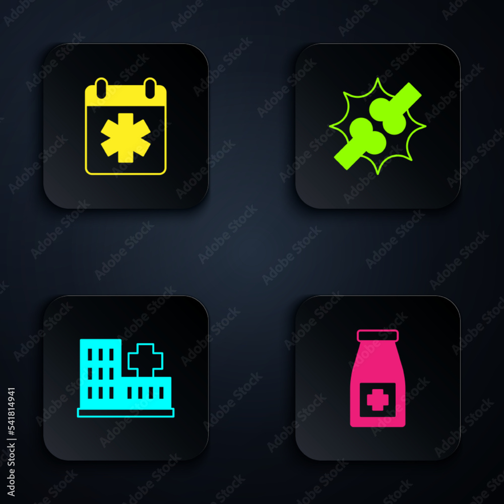 Set Medicine bottle and pills, Doctor appointment, Hospital building and Joint pain, knee pain. Black square button. Vector