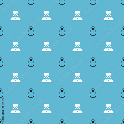 Set Diamond engagement ring and Jeweler man on seamless pattern. Vector