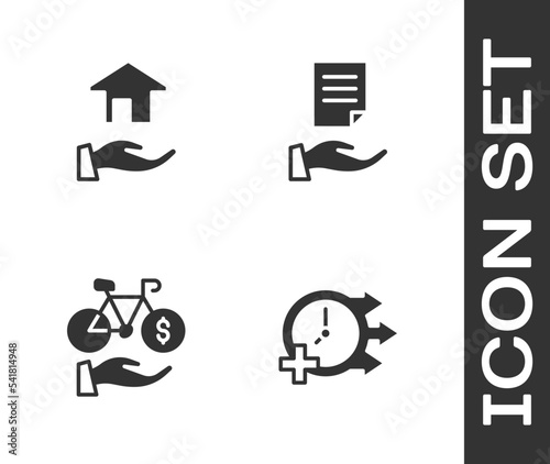 Set Clock, Realtor, Bicycle rental mobile app and House contract icon. Vector