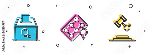 Set Female vote right, Packaging of birth control pills and rights icon. Vector